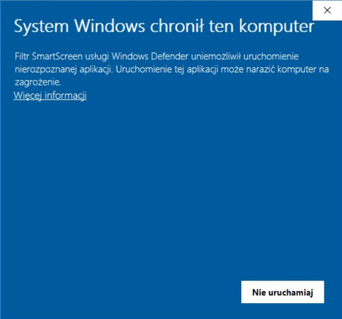 2. Czemu przy próbie uruchomienia Aplikacji pojawia się poniższy komunikat pochodzący z Windows Defender (Zabezpieczenia Windows)?